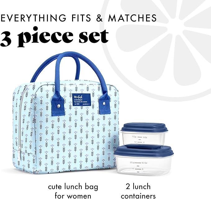 Fit & Fresh Bloomington Lunch Bag for Women - Insulated Large Lunch Box for Work with Containers, Leak-Resistant, Stain-Resistant, Zipper Closure, Tiny Blue Flowers