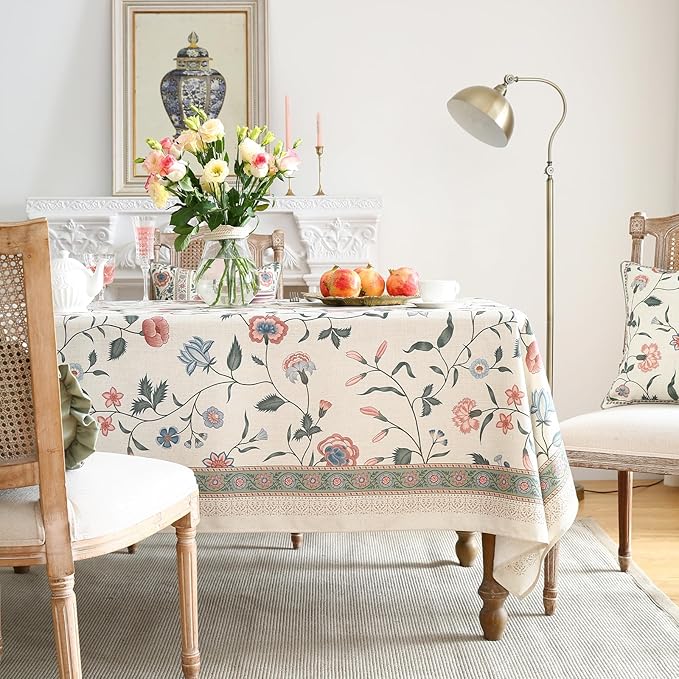 ISAENNE Designer Chinoiserie Linen Floral Long Tablecloth Rectangle,White Wrinkle Resistant Table Cloth,Elegant Decor Tablecloths for Dining Thanksgiving Kitchen Party Christmas,63"*102"-Daffy