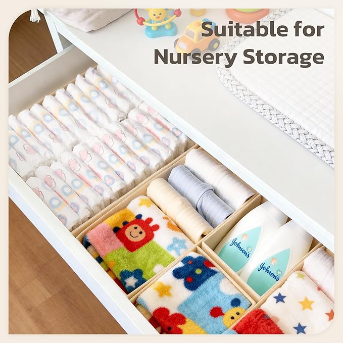 Drawer Organizer, 16 Pack Baby Dresser Organizer for Nursery, Foldable Closet Organizers and Storage Dresser Dividers for Clothes, Socks, Scarves, Ties (Beige)