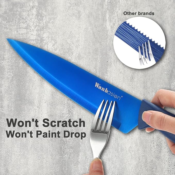 Wanbasion 7 Piece Blue Kitchen Knife Set with Magnetic Strip, Kitchen Knife Set Stainless Steel, Sharp Knife Set for Kitchen for Meat Vegetable Cutting