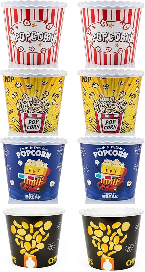 Modern Style Reusable Plastic Popcorn Box/Popcorn Containers/Popcorn Bowls Set for Movie Theater Night - (BPA Free - 8 Pack-75 oz) (8, MIX)