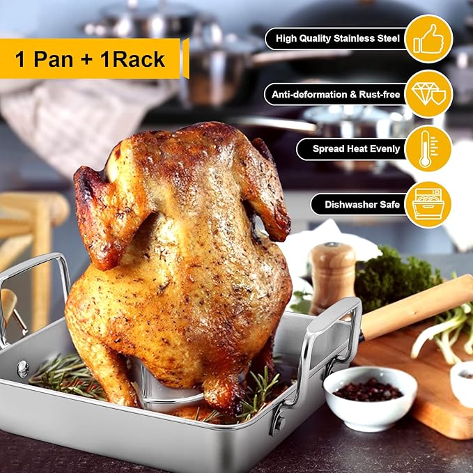 P&P CHEF Beer Can Chicken Holder with Roasting Pan Set, 9-inch Stainless Steel Square Baking Pan and Chicken Rack For Grilling, Heavy Duty & Dishwasher Safe, 2Pcs