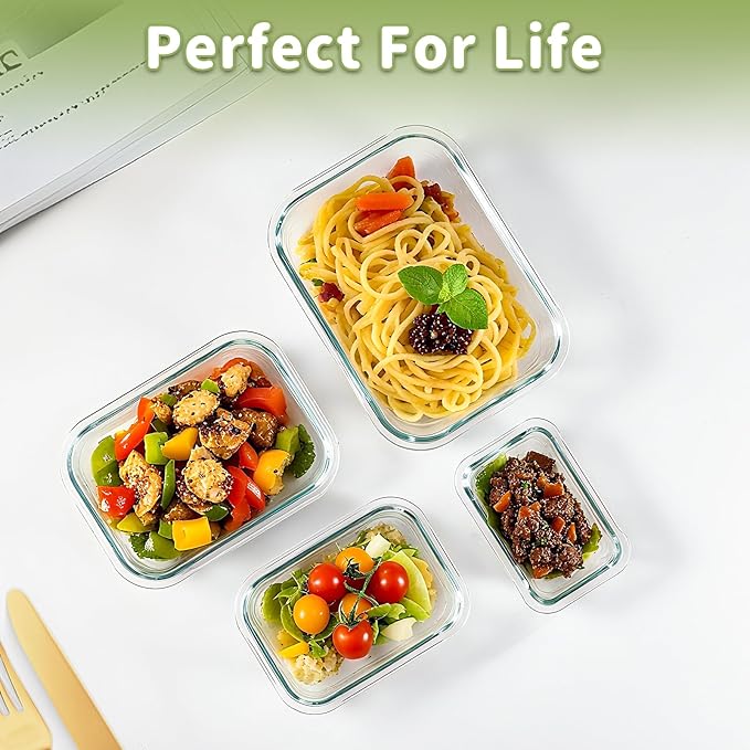 HOMBERKING 8 Pack Glass Food Storage Containers with Lids, Meal Prep Containers, Airtight Bento Boxes with Leak Proof Locking for Microwave, Oven, Freezer and Dishwasher, BPA Free, 5-35oz, light blue