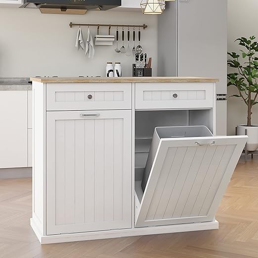 RASOO Double Tilt Out Trash Can Cabinet Freestanding Wooden Kitchen Garbage Trash Can Cabinet with Wood GrainTabletop and 2 Drawers
