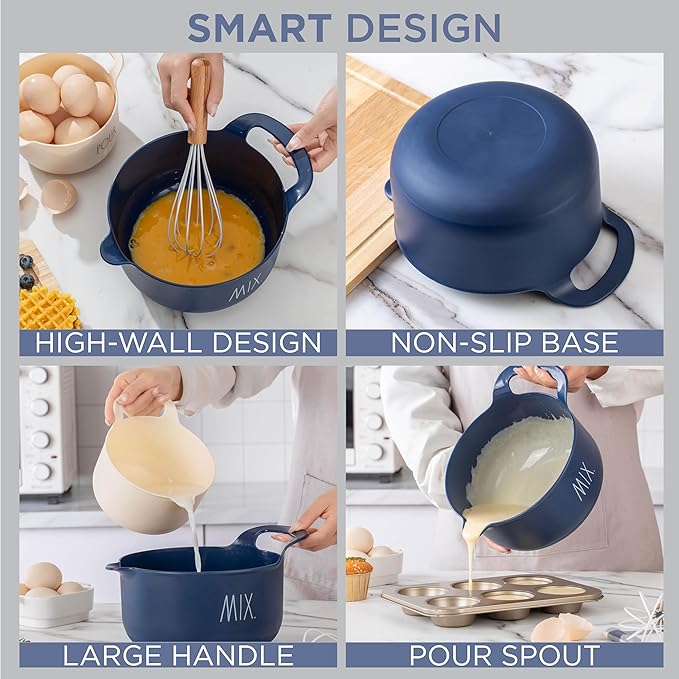 Rae Dunn Non-Slip Mixing Bowls - 4 Piece Nesting Plastic Mixing Bowl Set with Pour Spouts and Handles-Measurement Markings (Cream)