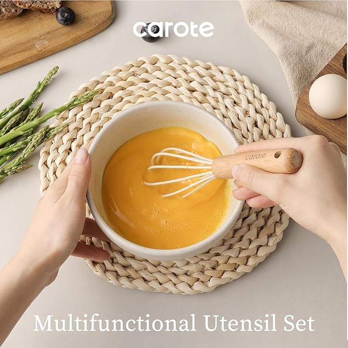 CAROTE Silicone Cooking Utensils Set, Kitchen Utensils Set 16 Pcs for Cooking,BPA Free Spatula Set,446 ℉ Heat Resistant Wood Handles for Nonstick Cookware (Cream White)