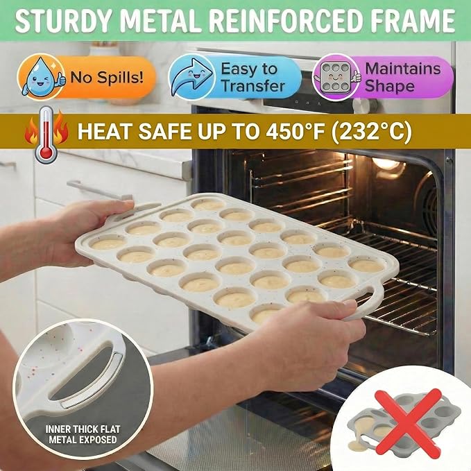 2-Pack - Silicone Mini Muffin Pan, – 24-Cup, Nonstick Silicone Muffin Pans for Baking with Metal-Reinforced Handles, – BPA-Free Muffin Tin Tray for Mini Cupcakes & Snacks – Dishwasher Safe, Cream