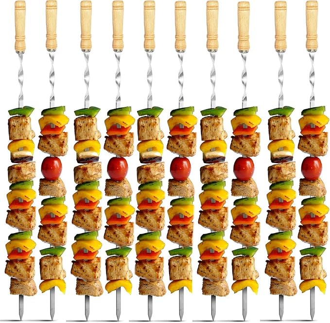12 Pack Kabob Skewers BBQ Barbecue Skewers Stainless Steel Sticks 22 Inch Heavy Duty Large Wide Reusable with Nonslip Wooden Handle Ideal for Shish Kebab Chicken Shrimp and Vegetables