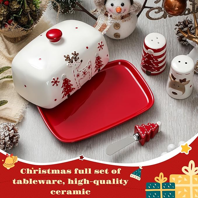 Ziliny 4 Pcs Christmas Dishes Set Include 1 Ceramic Elk Butter Dish with Lid 2 Salt and Pepper Shakers and 1 Christmas Tree Cheese Spreader with Stainless Steel Blade for Winter Festive Dinner Gift