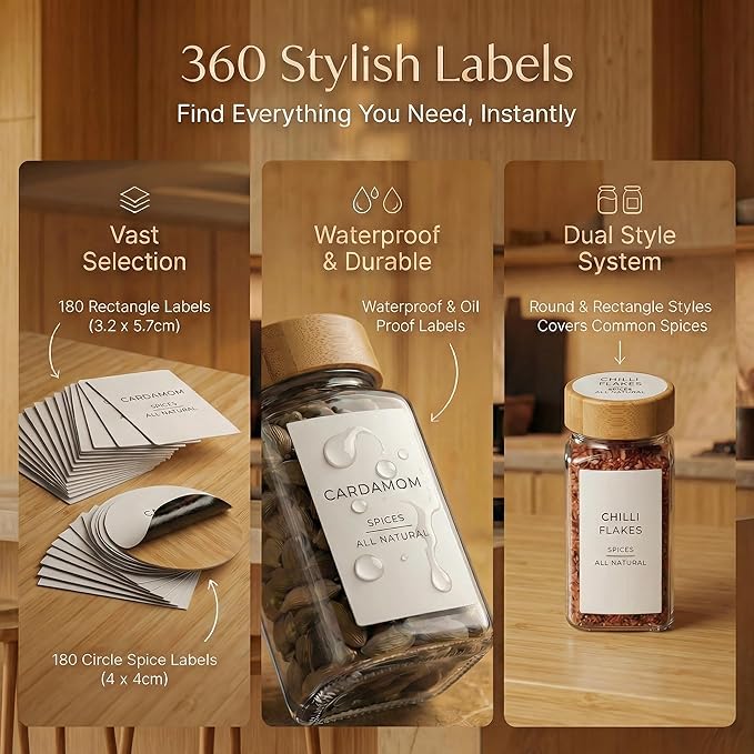 Glass Spice Jars with 360 Labels -24 pcs- 4oz- Spice Containers with Bamboo Lids -Shaker Lids- Pepper Grinder-Spice Organization for Cabinet-Drawer-Rack-Seasoning Organizer-Square bottles