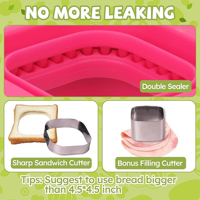 LEPCY Uncrustables Sandwich Maker Sealer Cutter, Crustless Sandwich Cutter, PB&J Uncrustable Maker - Color Rose Red, Square Shape