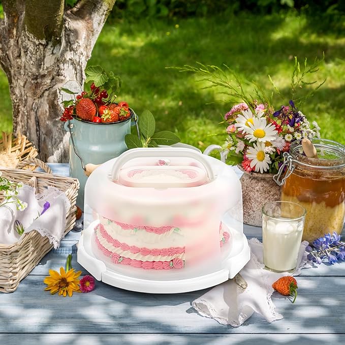 BSTKEY Portable Cake Carrier with Lid and Handle, Cake Turntable + Cupcake Storage Tray for Transport, 10" Round Cake Container Holder with Two Sided Base for Pies Nuts Fruit Cookies, White