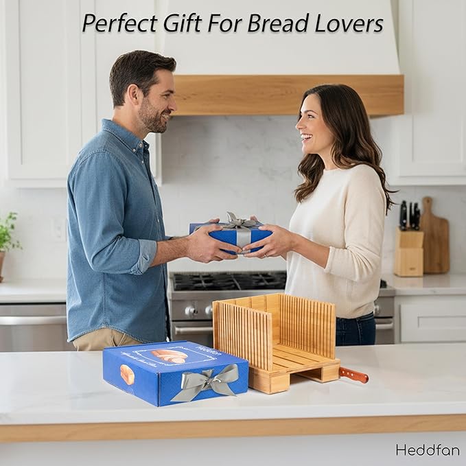 Bamboo Bread Slicer For Homemade Bread - Built-In Knife Slot, Crumb Catcher & Storage Compartment - Adjustable Extra Wide & High For Sourdough - Long 12” Knife Blade Included