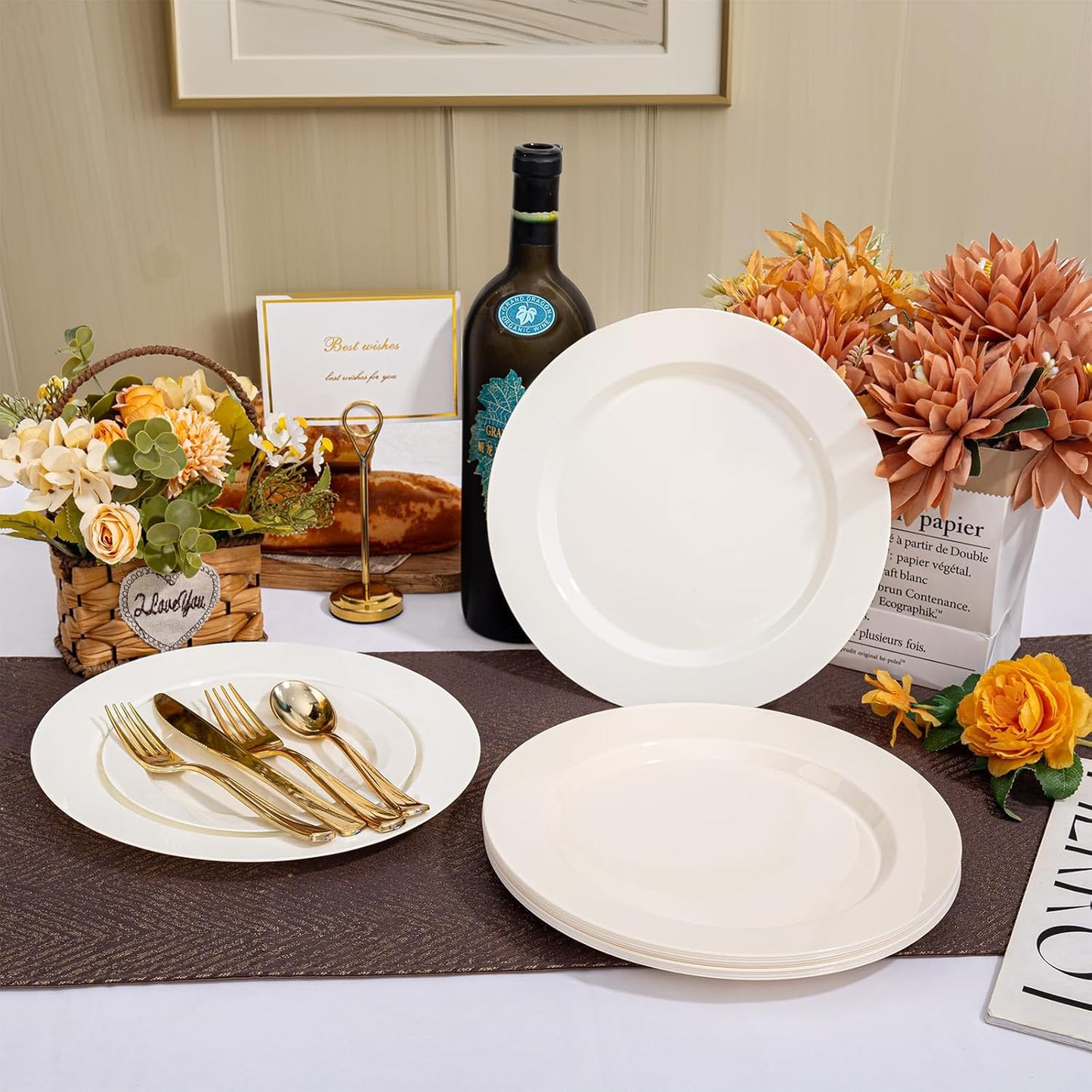 I00000 200 Pcs Ivory Plastic Plates, Disposable Party Plates Include 100 Ivory Dinner Plate 10’’ and 100 Plastic Dessert Plate 7’’ Perfect for Birthday, Party & Wedding