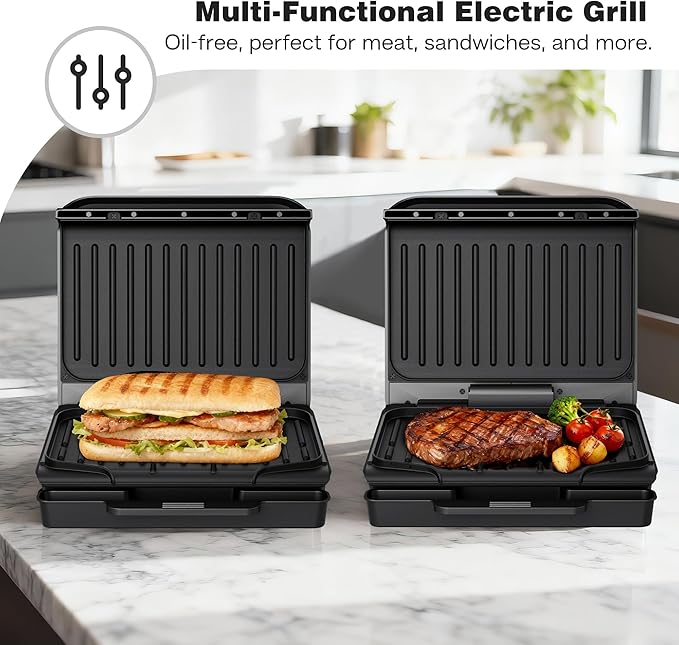 KEINVE 2-Serving Electric Grill and Panini Press, Tilted Grilling Surface for Rapid Oil Drainage, Non-Stick Coating Easy to Clean