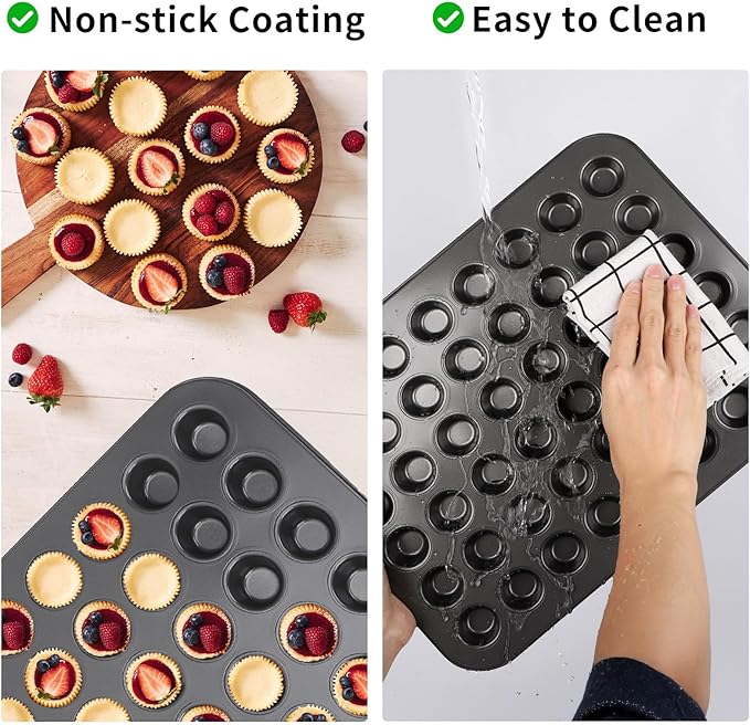 Beasea Nonstick Mini Muffin Pan 48 Cups, 2 Pack 48 Mini Small Tiny Cup Non Stick Muffin Baking Pan Tin Tray Carbon Steel Bakeware Individual Cupcake Baking Pan - Black