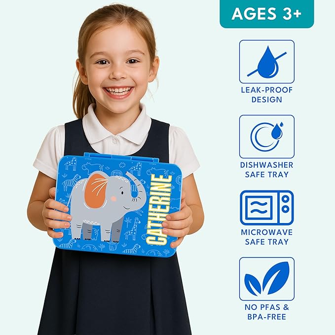 Personalized Bento Box for Kids with Safari Icon and Name - Royal Blue - 5 Compartments Drop-Proof Bento Box, Dishwasher Safe, Made with BPA-Free Materials, Bento Lunch Box for Kids and Toddlers