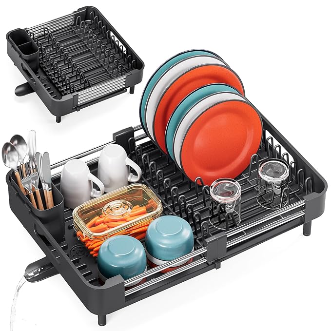 TOOLF Dish Drying Rack, Expandable Dish Rack for Kitchen Counter, Anti-Rust Dish Drainer, Sink Organization and Storage Essentials with Cutlery & Cup Holder, Black