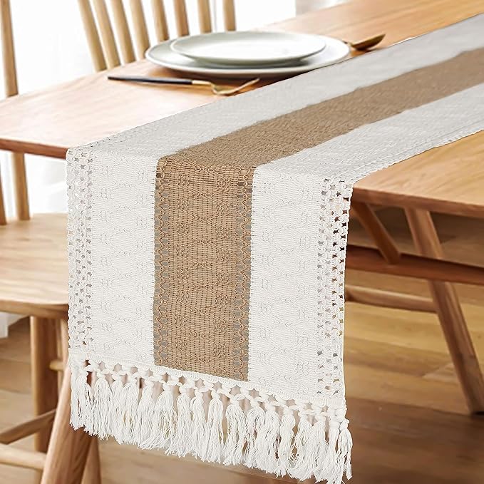 FEXIA Boho Table Runner for Thanksgiving Home Decor with Tassels 36 Inches Long Farmhouse Rustic Table Runner Cream & Brown Macrame for Boho Dining Bedroom Decor Rustic Bridal Shower (12x36 Inches)