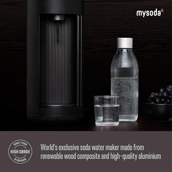 Mysoda Glassy Soda Maker + 1L Glass and 1L Plastic Bottle - Silent Carbonated Water Machine Soda Maker with Sliding Door Opening - No Cylinder Included - Black