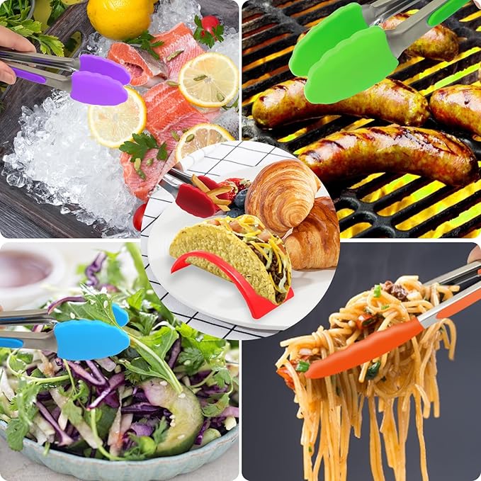 ForTomorrow 7 Inch Small Kitchen Tongs with Silicone Tips, Mini Serving Food Tongs Stainless Steel for Salad, Grilling, Frying and Cooking, 5 Pieces