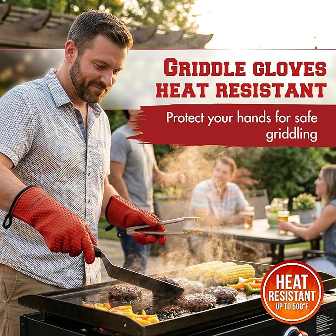 KITCHEN PERFECTION XL Silicone Oven & Griddle Gloves -Extreme Heat Resistant BBQ & Grilling Gloves -Handle Hot Food Right on Your Griddle |Waterproof Oven Mitts Grill Gloves |Superior Set+3 Bonuses