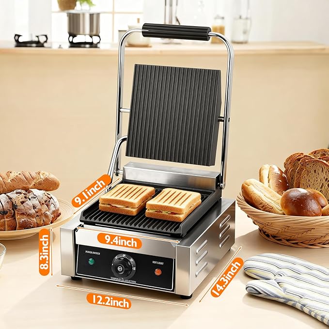 1800W Indoor Electric Grill & Double-Sided Griddle, 50-300°C Adjustable Temperature, 9.1x9.4" Non-Stick Surface for Grilling Steak, BBQ, Sandwiches & Panini, Commercial & Home Kitchen Use