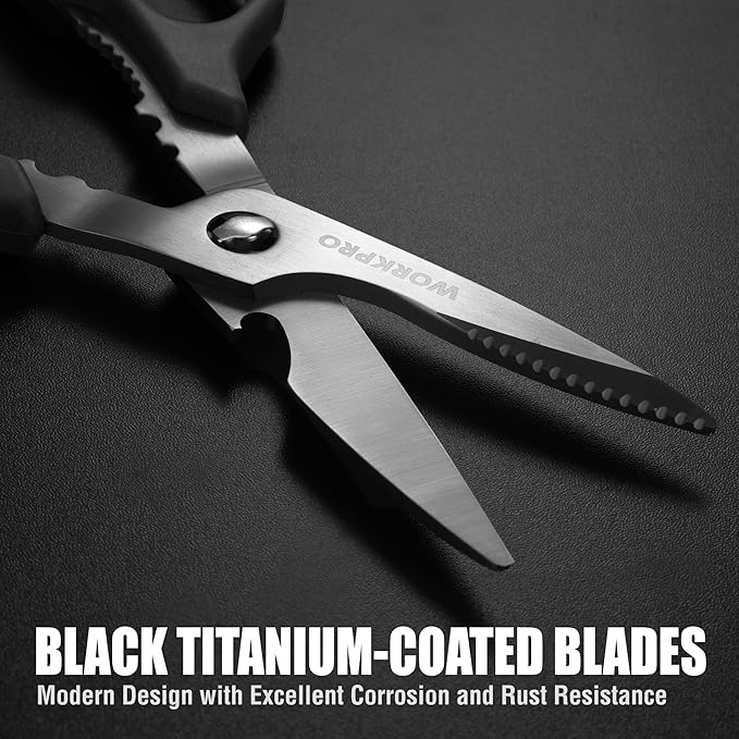 WORKPRO Kitchen Scissors, All Purpose Kitchen Shears with Detachable Titanium Coated Blades for Easy Cleaning, Heavy Duty Scissors for Meat, Fish, Nuts, Vegetables, Protective Cover Included