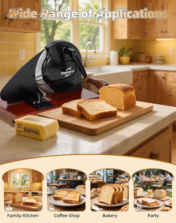 Redants Manual Bread Slicer for Homemade Sourdough Bread, Versatile Hand Crank Bread Slicer, Adjustable Thickness for Smooth Cutting, Food Grade Stainless Steel (Black)