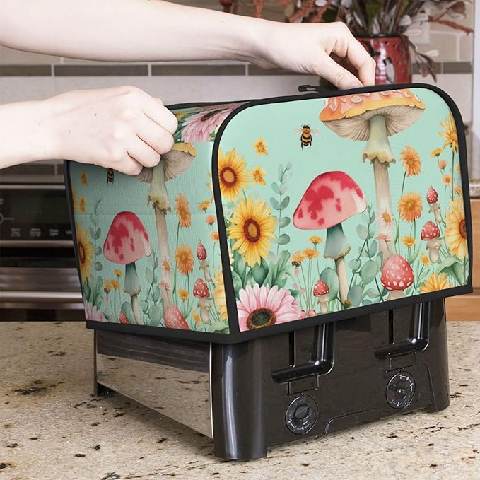 Pastel Sunflowers Mushrooms Covers for 4 Slice Toasters,Cute Country Bread Machine Cover with Handle,Washable Stain Resistant Kitchen Small Appliance Cover Dining Decor