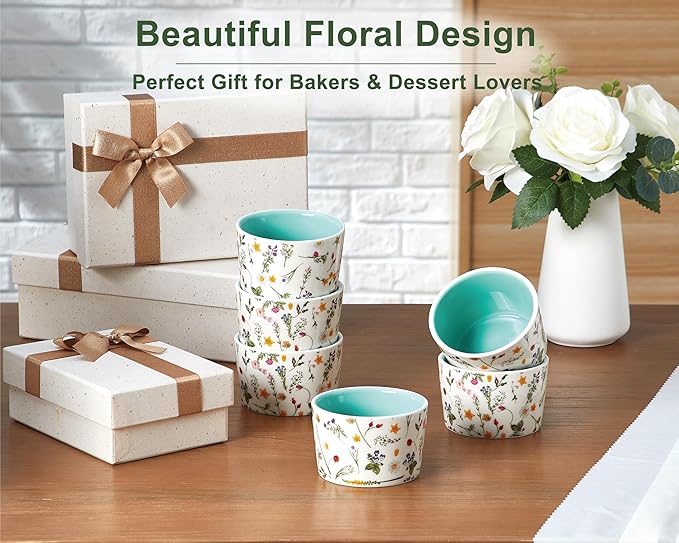 ONEMORE 6 oz Ramekins Oven Safe, Floral Ceramic Ramekin Set of 6 Mint Green Ramekins for Baking & Serving, Creme Brulee Dishes, Custard Pudding Souffle Cups, Small Dessert Bowls for Oven, Air Fryer