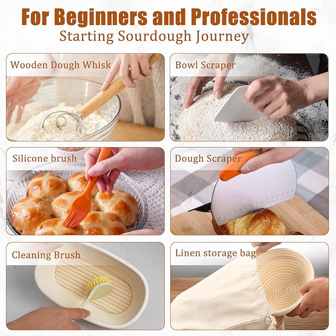 Panny Sourdough Starter Kit, Banneton Bread Proofing Basket with Glass Sour Dough Starter Jar, Sourdough Bread Baking Supplies, Making Tools, 9" Round & 10" Oval Baskets, Complete Gift for Men Women