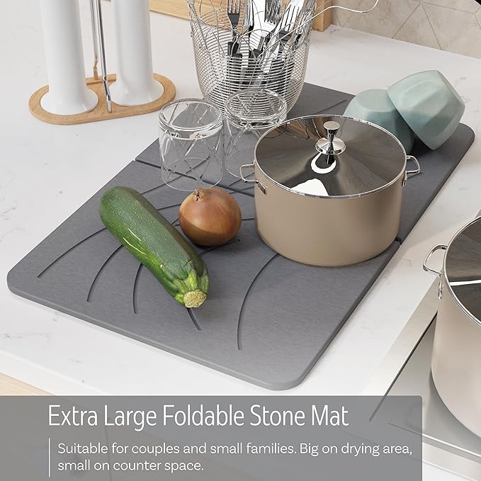 Large Stone Drying Mat with Bamboo Rack | 23.6” x 15.4” Diatomaceous Earth Collapsible Stone Dish Drying Mat | Quick Water Absorbing Foldable Dish Drying Stone for Kitchen Counter Racks (Dark Gray)