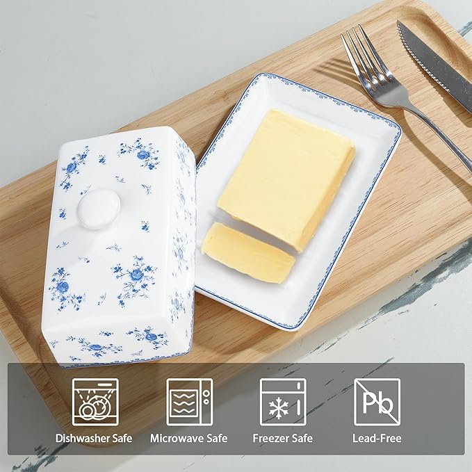 fanquare Porcelain Butter Dish with Lid, Classic Ceramic Butter Keeper with Raised Leg, Butter Dishes for Cafeteria Kitchen Countertop, Blue and White (Blue Rose)