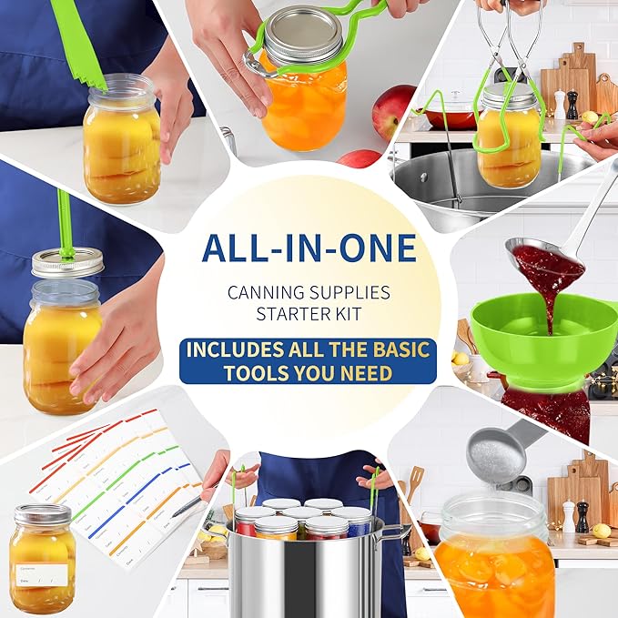 Canning Supplies Starter Kit,Canning Kit for Beginners of 9 with Jar Lifter，Wide Mouth Funnel,Wrench,Tongs,Lid Lifter,Bubble Popper,Canning Labels,ladle,Measuring spoon-Neon Green