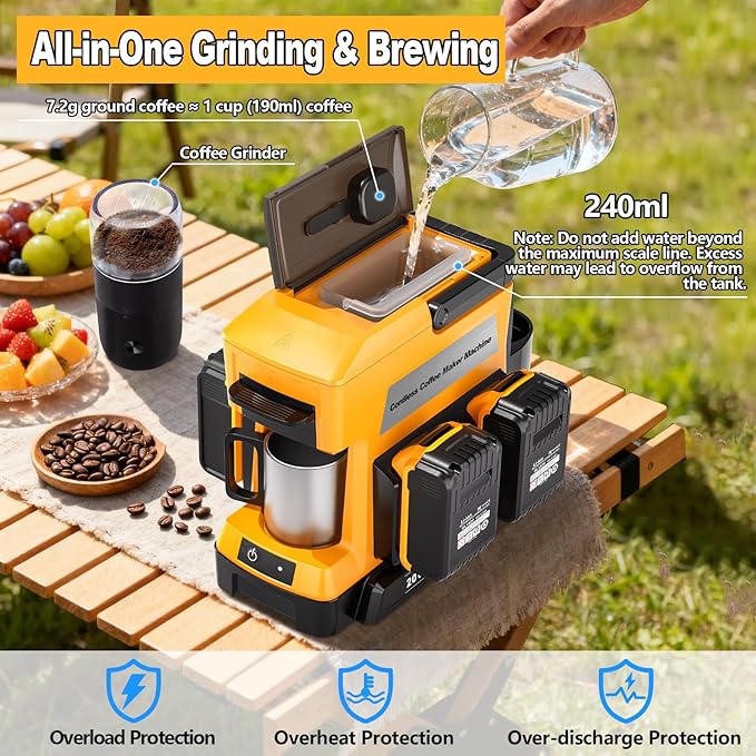 Taingwei Cordless Coffee Maker for Dewalt 20V Battery, Portable Drip Coffee Maker with Electric Coffee Grinder for RV, Camping, Travel, Car, Hiking (Battery Not Included)