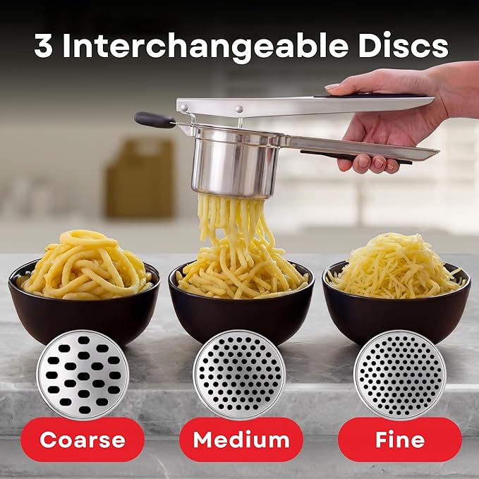 Large 15oz Potato Ricer with 3 Interchangeable Discs - Professional Stainless Steel Masher for Fluffy Mashed Potatoes, Gnocchi & Guacamole - Ergonomic Silicone Handles, Heavy Duty & Dishwasher Safe