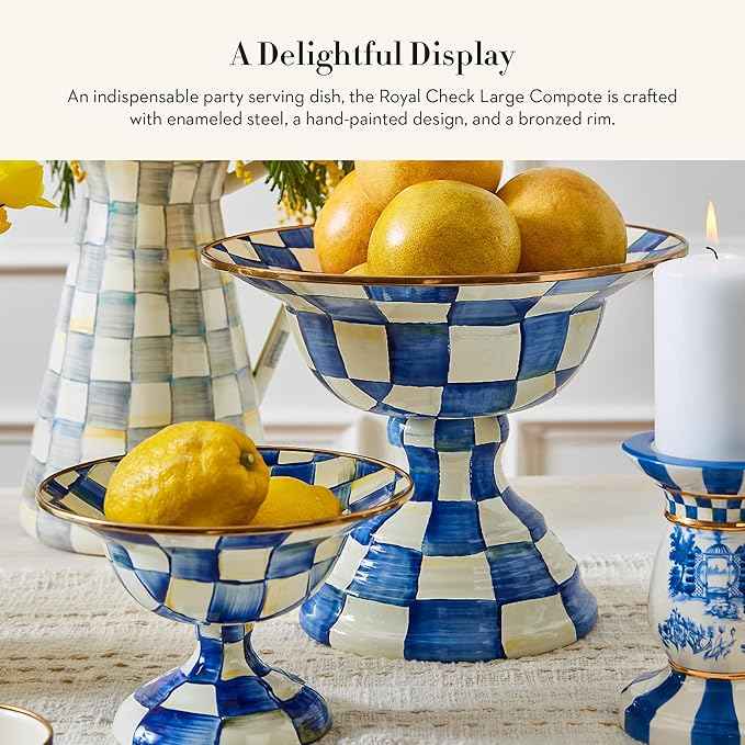 MACKENZIE-CHILDS Enamel Compote, Cute Enamel Pedestal Serving Dish or Decorative Bowl, Large, Blue-and-White Royal Check