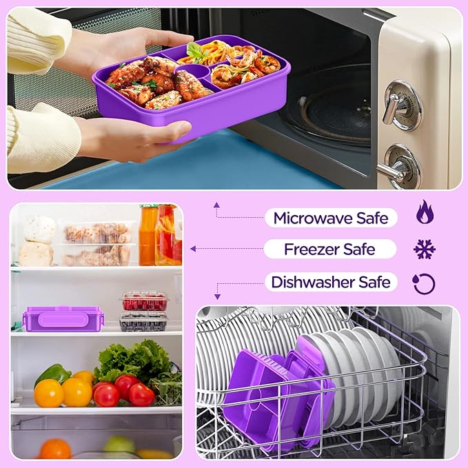 DaCool Lunch Box Kids Bento Box 7.5 Cups with 4-Compartment Leakproof BPA Free Toddler Girls Lunch Containers with Fork Spoon for Meal Snack School Picnic Travel, Microwave Dishwasher Safe, Purple