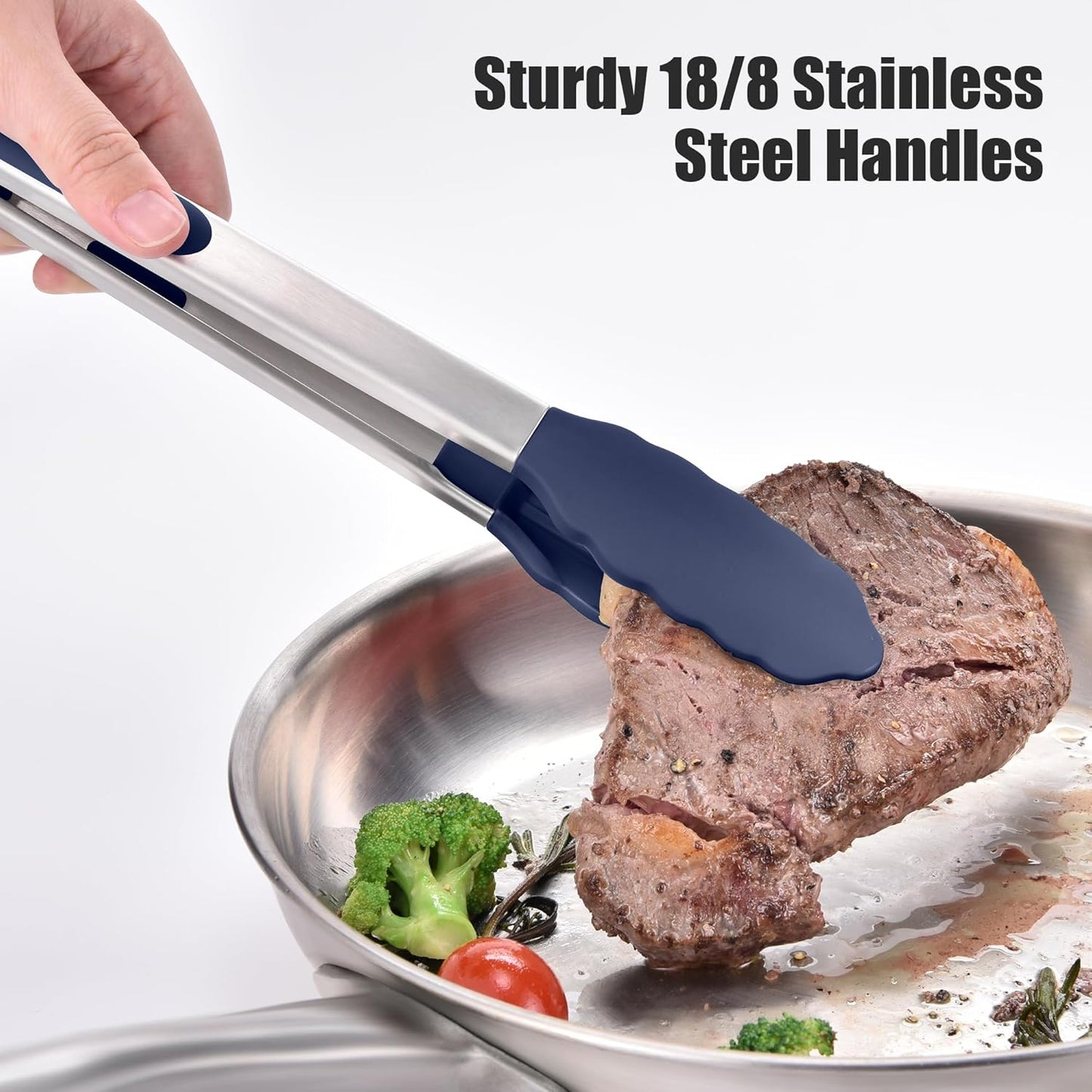 Doosu Kitchen Tongs for Cooking - 600°F Heat Resistant Food Tong Set with Non-Scratch Silicone Tips, Heavy Duty Stainless Steel Locking Tong for BBQ, Grilling Steak, Serving Salad (9+12in, Navy Blue)