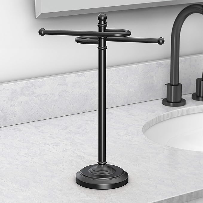 Gatco 1546MX Modern Round Base Freestanding Countertop S Style Towel Holder, Matte Black / 14.25" H x 8" W S-Shape Countertop Towel Rack/Hand Towel Holder for Bathroom, Kitchen