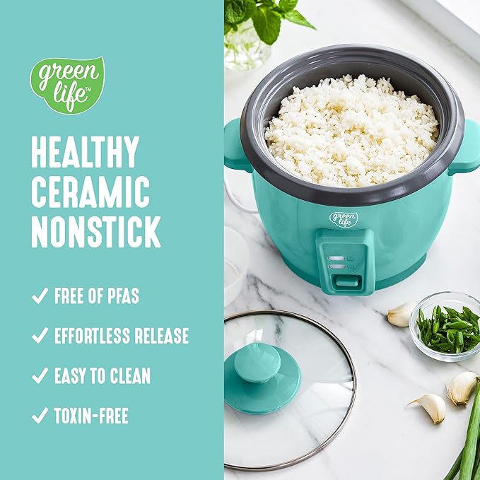 GreenLife Rice Cooker with Removable PFAS-Free Ceramic Nonstick Pot, 3-Cups Uncooked/6-Cups Cooked, Grains & Oatmeal Multicooker, Compact One-Switch Design, Auto Keep Warm, Easy Clean, Turquoise