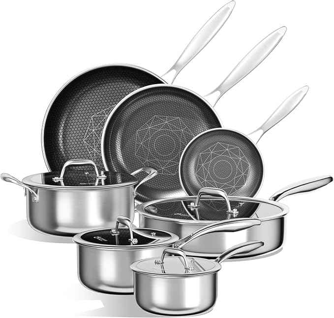 COOKER KING Stainless Steel Cookware Set, 11 Pcs Pots and Pans Set, Hybrid Ceramic Cookware,Non-Stick Frying Pans, Saucepans, Saute Pan & Stock Pot, Non-Toxic, Oven Safe, Induction Compatible