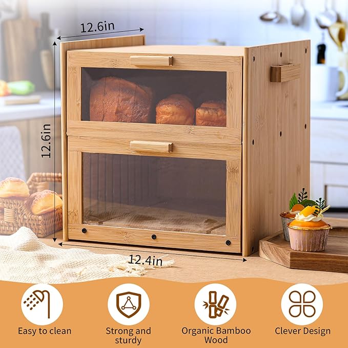 Colingmill Double Layer Bread Box for Kitchen Countertop, Bamboo Breadbox with Slicer, Baguette Storage for Homemade Bread, Breadbox with Cutting Board/Window, Gifts for Home Bakers