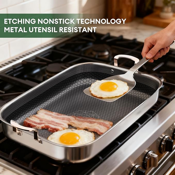 COOKER KING Stainless Steel Nonstick Roasting Pan with Rack, 18.27x14.84 Inch Roaster Pan for 25 lb Turkey & Chicken, Oven Safe Up to 900°F, Compatible with All Cooktops (Rectangular, Large)