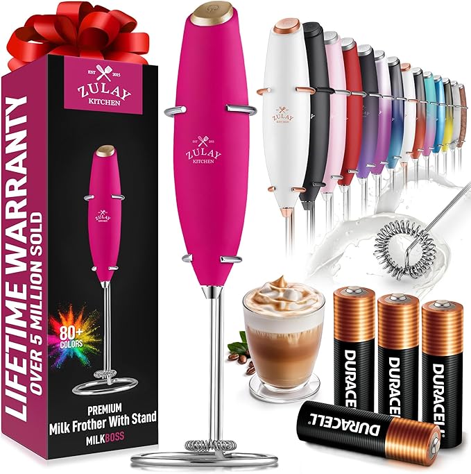 Zulay Kitchen Powerful Milk Frother Wand With 4 AA Duracell Batteries - Ultra Fast Handheld Drink Mixer - Electric Whisk Foam Maker for Coffee, Lattes, Cappuccino, Matcha & Creamer - Hot Pink Gold