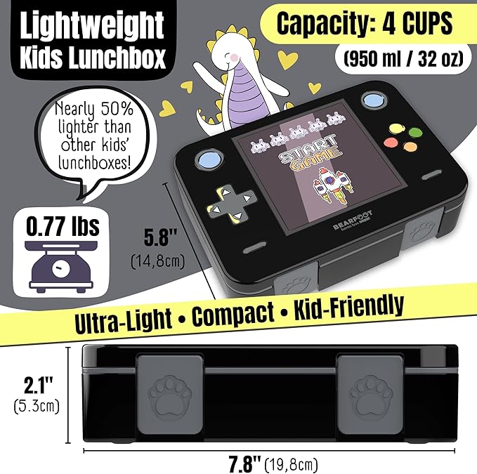 BEARFOOT Bento Box Compact, BPA-Free Children's Lunch Box for School & Nursery, Leak-Proof Lunch Box for Girls and Boys, Practical, Lightweight and Compact (Game Black, 4 Cups)