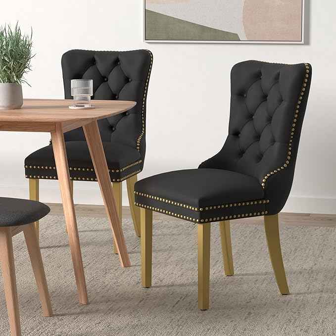 Black Dining Chairs Set of 6,Velvet Upholstered Dining Room Chairs with Back Ring Pull Trim and Golden Stainless Steel Legs,Modern Dining Chairs Perfect for Dining Room,Kitchen(Black)