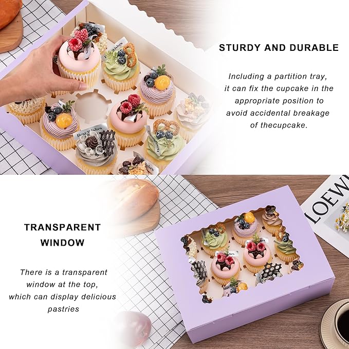 Hoewina 6PCS Cupcake Boxes - Hold 12 Count Cupcake Containers with Window, Food Grade Cupcake Holder Easy Transport and Presentation - Ideal for Cupcakes, Desserts, and More (Light Purple)