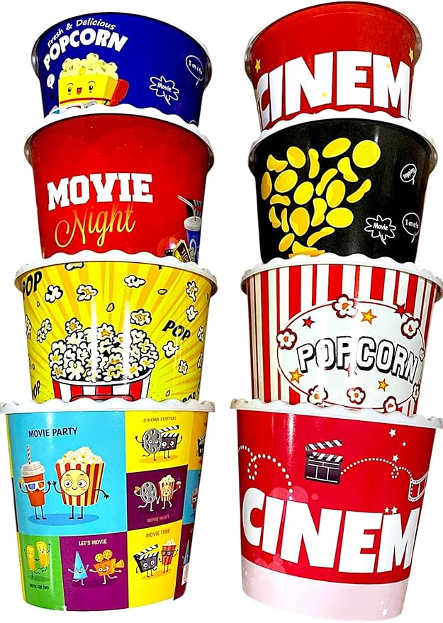 Modern Style Reusable Plastic Popcorn Box/Popcorn Containers/Popcorn Bowls Set for Movie Theater Night - (BPA Free - 8 Pack - 75 oz) (Mix 8-T)